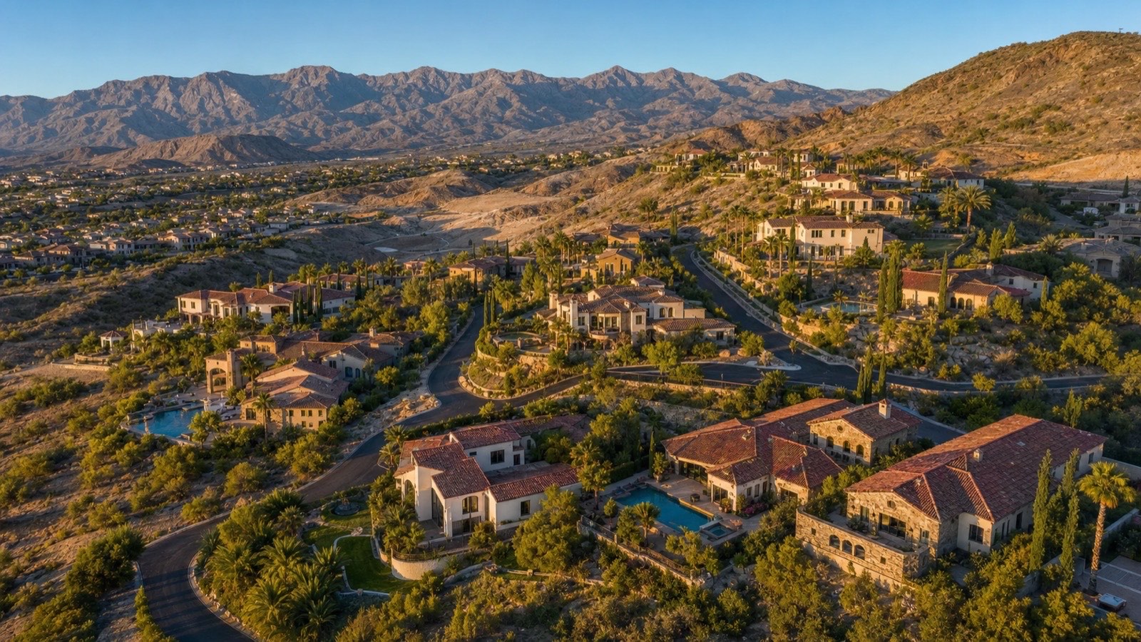 Madeira Canyon Henderson hillside guard-gated luxury streetscape with custom Mediterranean and contemporary estates on larger lots